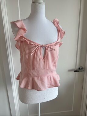 Superdown Pink Ruffle Tie-Front Peplum Top